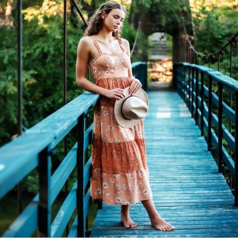 Floral bustier bodice Peach Maxi Dress boho festival maxi‎
